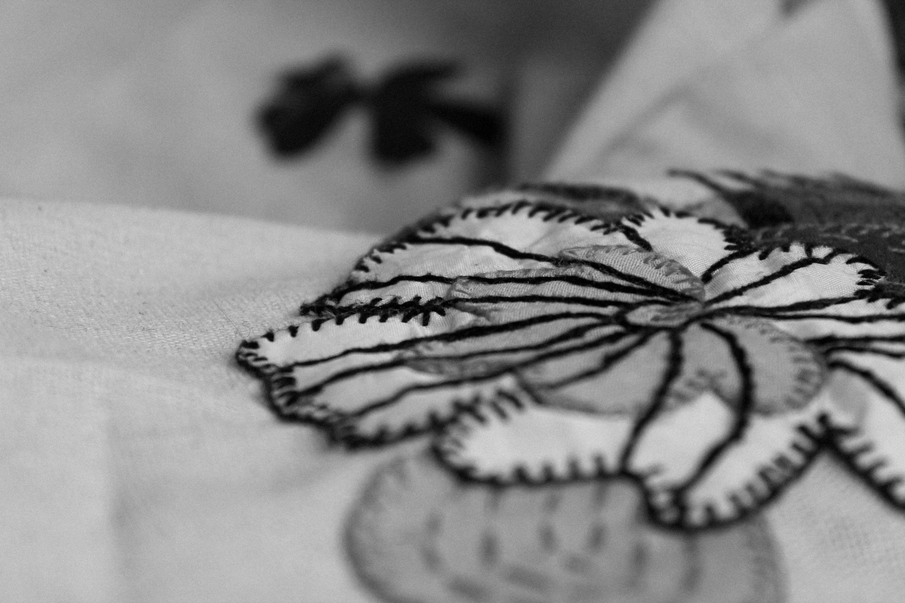 Hand-embroidered textile artwork and materials