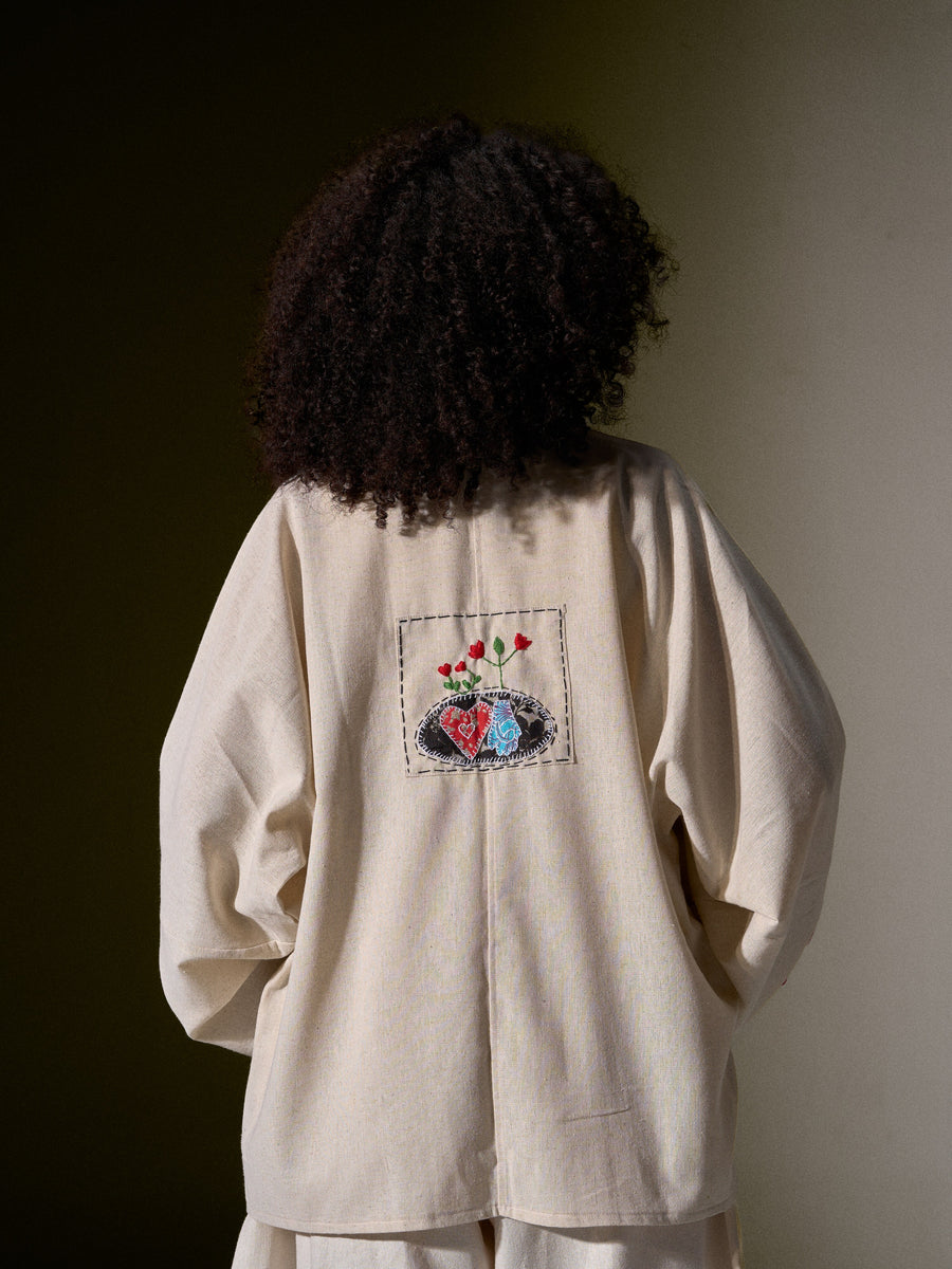 Tale 08 / 23 kimono, back view with embroidered patch