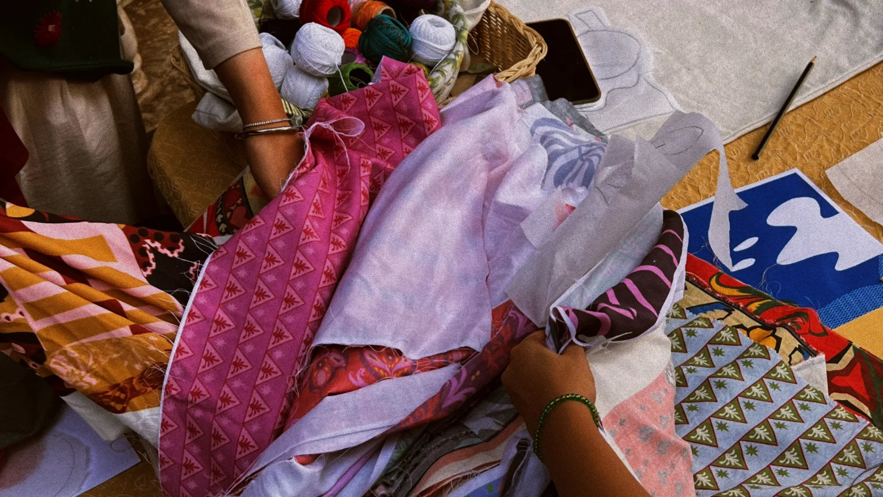 Textiles and materials gathered for a ZAYNAB workshop