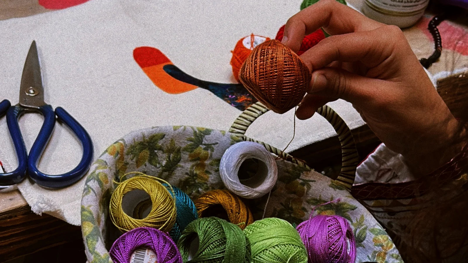 Linen and reclaimed textiles gathered in the workshop
