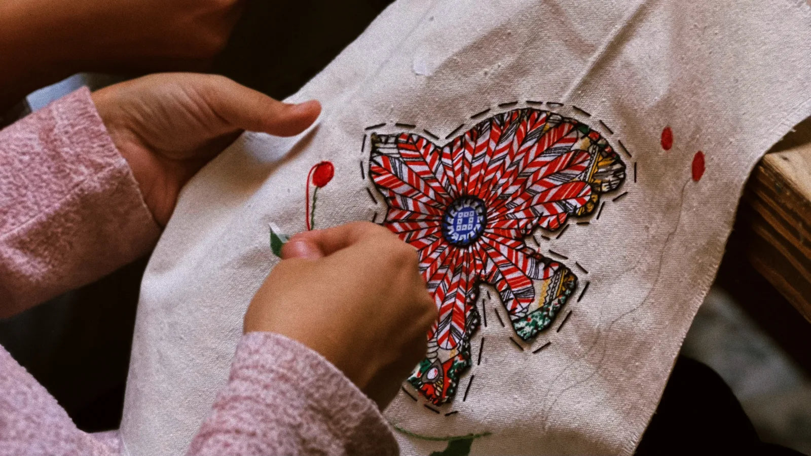 Hand-applied patchwork in progress